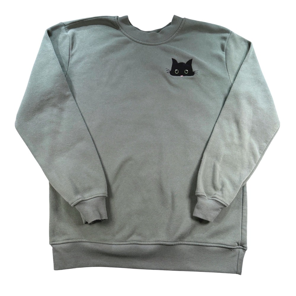 Better / Together Sweatshirt Embroidered Cat Cotton Blend M Sage Green Kawaii